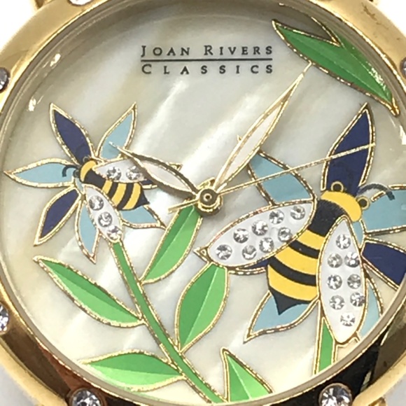 Joan Rivers Watch White Mother of Pearl Crystals Bees Floral Gold Plate Runs - Picture 4 of 13